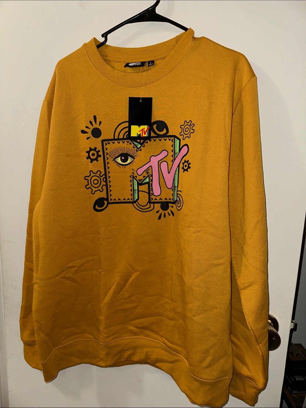 MTV Mustard Yellow Crewneck with Pink Logo Graphic Size L